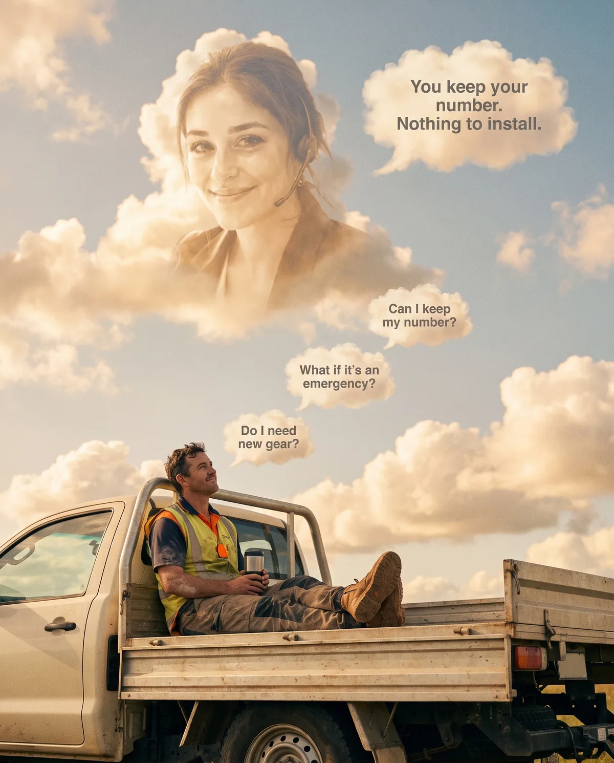 A tradie on his ute tray at smoko looks up as his questions drift into the sky as little clouds, and Jessie, pictured in the clouds with her headset, answers: you keep your number, nothing to install.