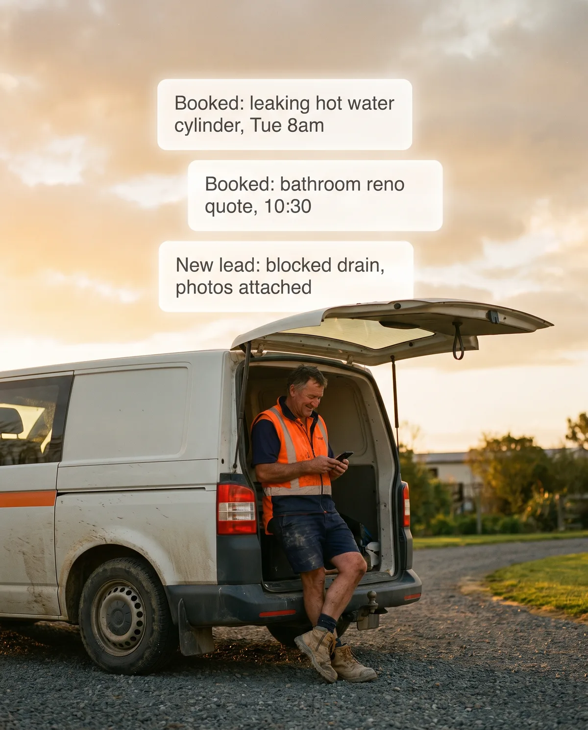A tradie sits on his van tailgate at knock-off time reading three texts from Jessie: two jobs booked and a new lead with photos attached.